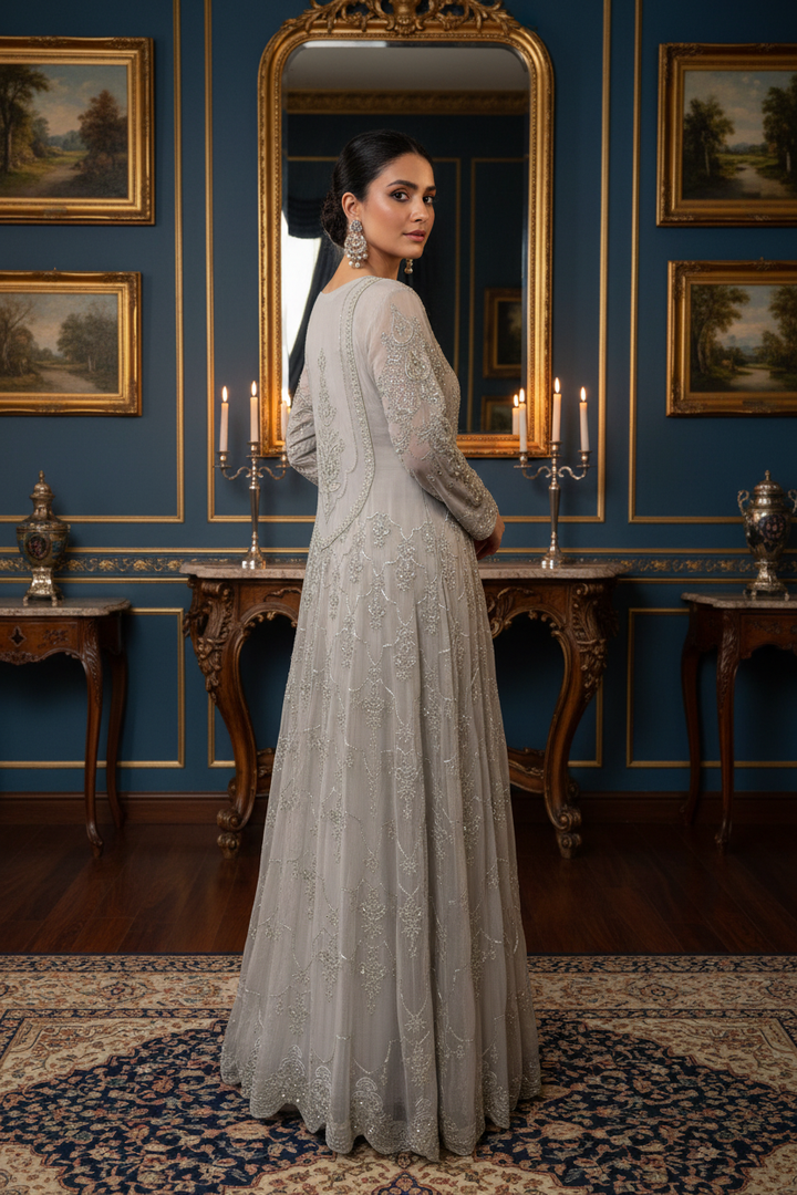 GREY EMBROIDERED CHIFFON 3 PIECE SUIT 424C