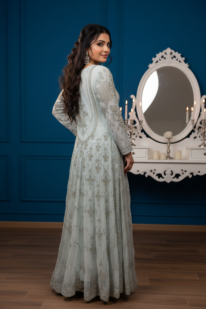 LIGHT BLUE EMBROIDERED CHIFFON 3 PIECE SUIT 424B