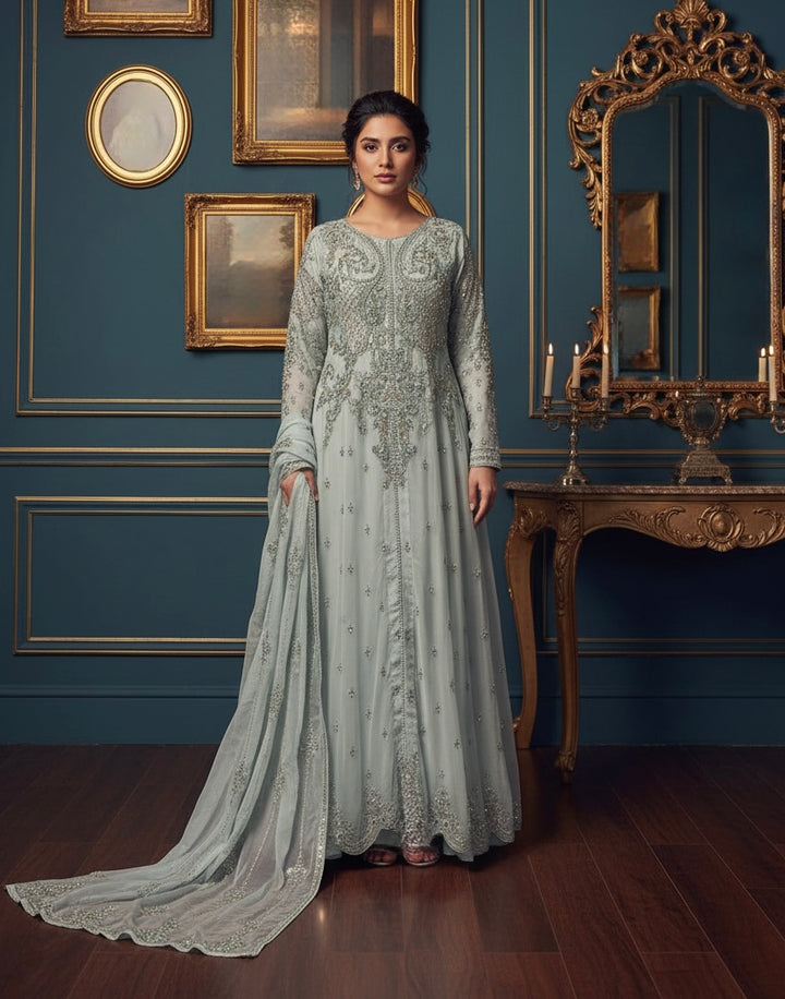 LIGHT BLUE EMBROIDERED CHIFFON 3 PIECE SUIT 424B