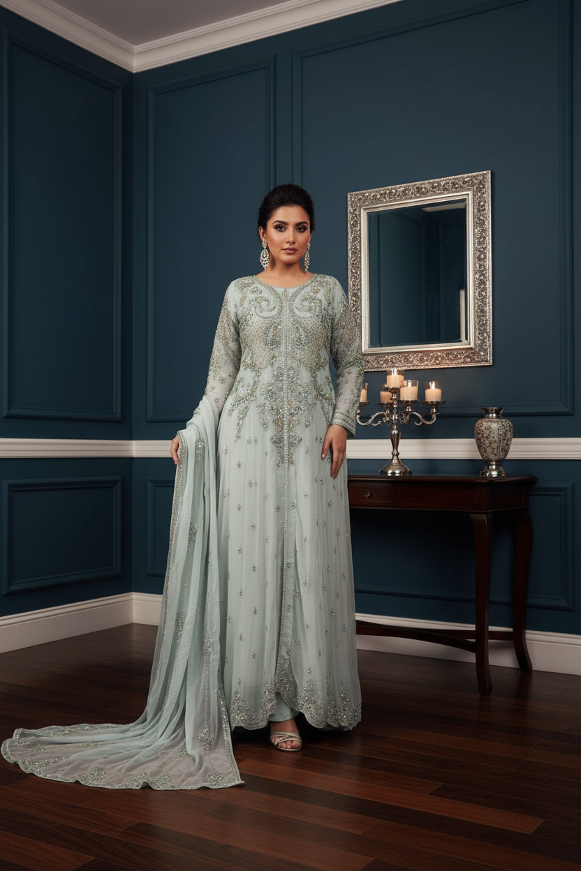LIGHT BLUE EMBROIDERED CHIFFON 3 PIECE SUIT 424B