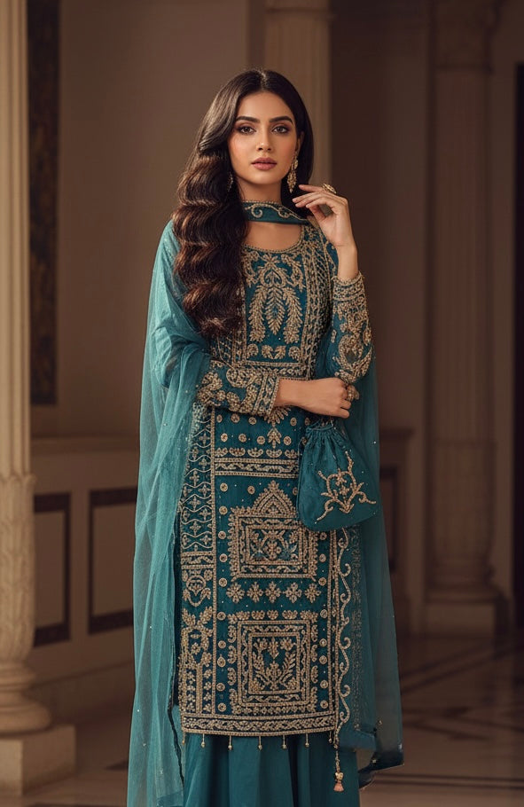 218B-  TEAL EMBROIDERED & EMBELLISHED NET SUIT