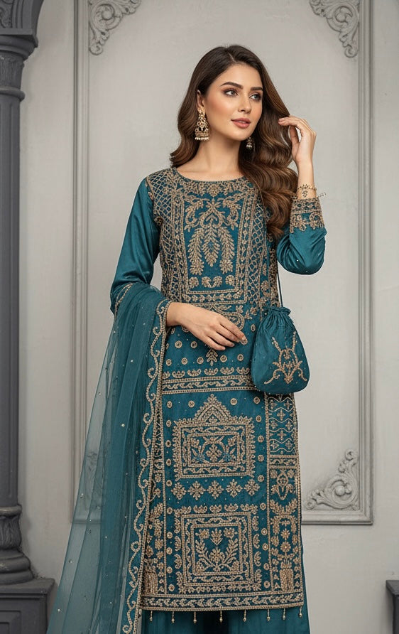 218B-  TEAL EMBROIDERED & EMBELLISHED NET SUIT