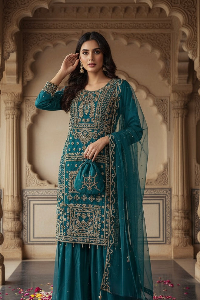 218B-  TEAL EMBROIDERED & EMBELLISHED NET SUIT