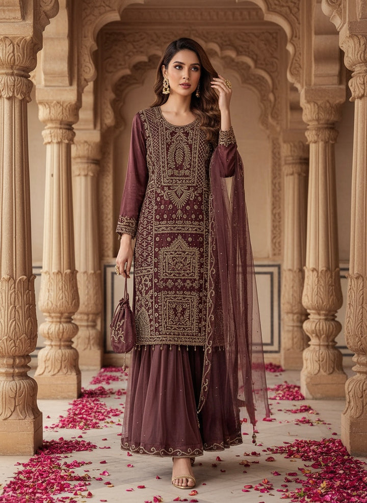 218D- DUSTY ROSE EMBROIDERED & EMBELLISHED NET SUIT