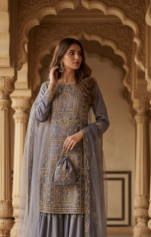 218C- PURPLE EMBROIDERED & EMBELLISHED NET SUIT