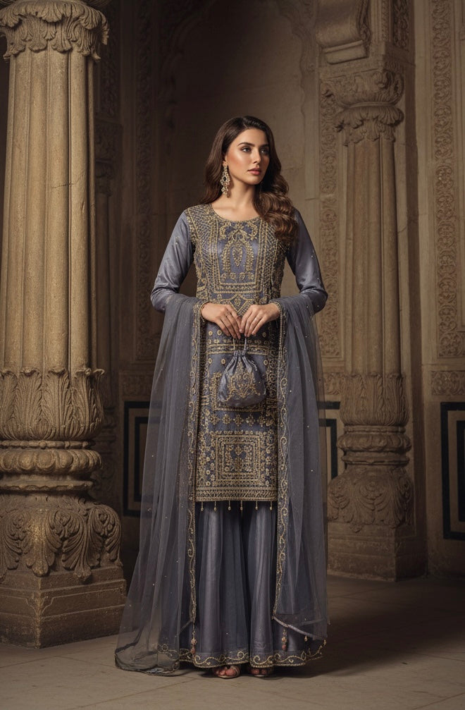 218C- PURPLE EMBROIDERED & EMBELLISHED NET SUIT