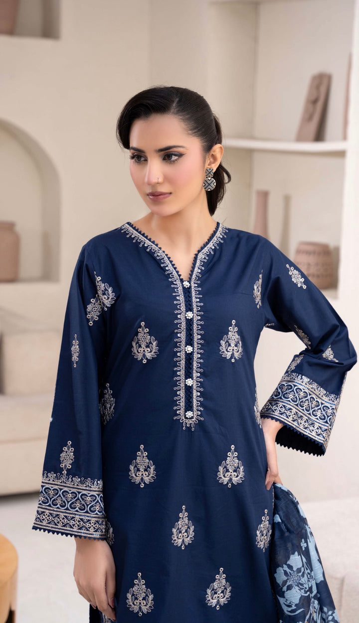 CZ01 - Blue Embroidered Linen 3 Piece suit