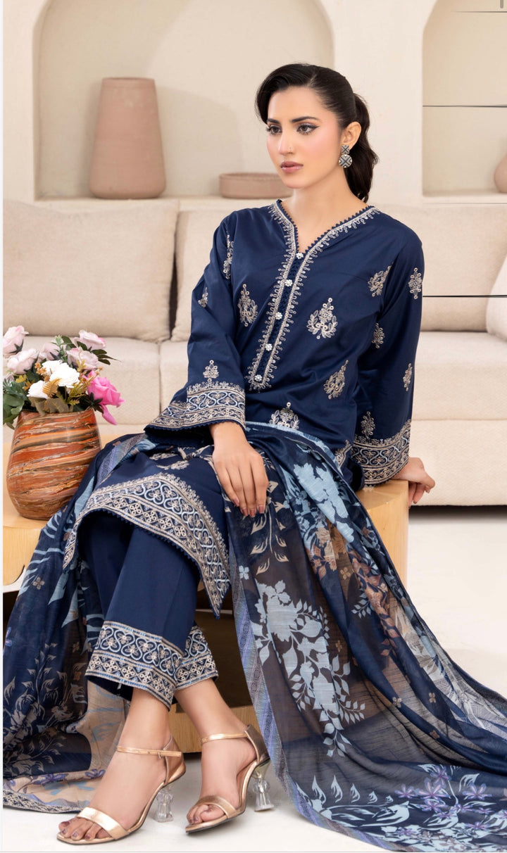 CZ01 - Blue Embroidered Linen 3 Piece suit