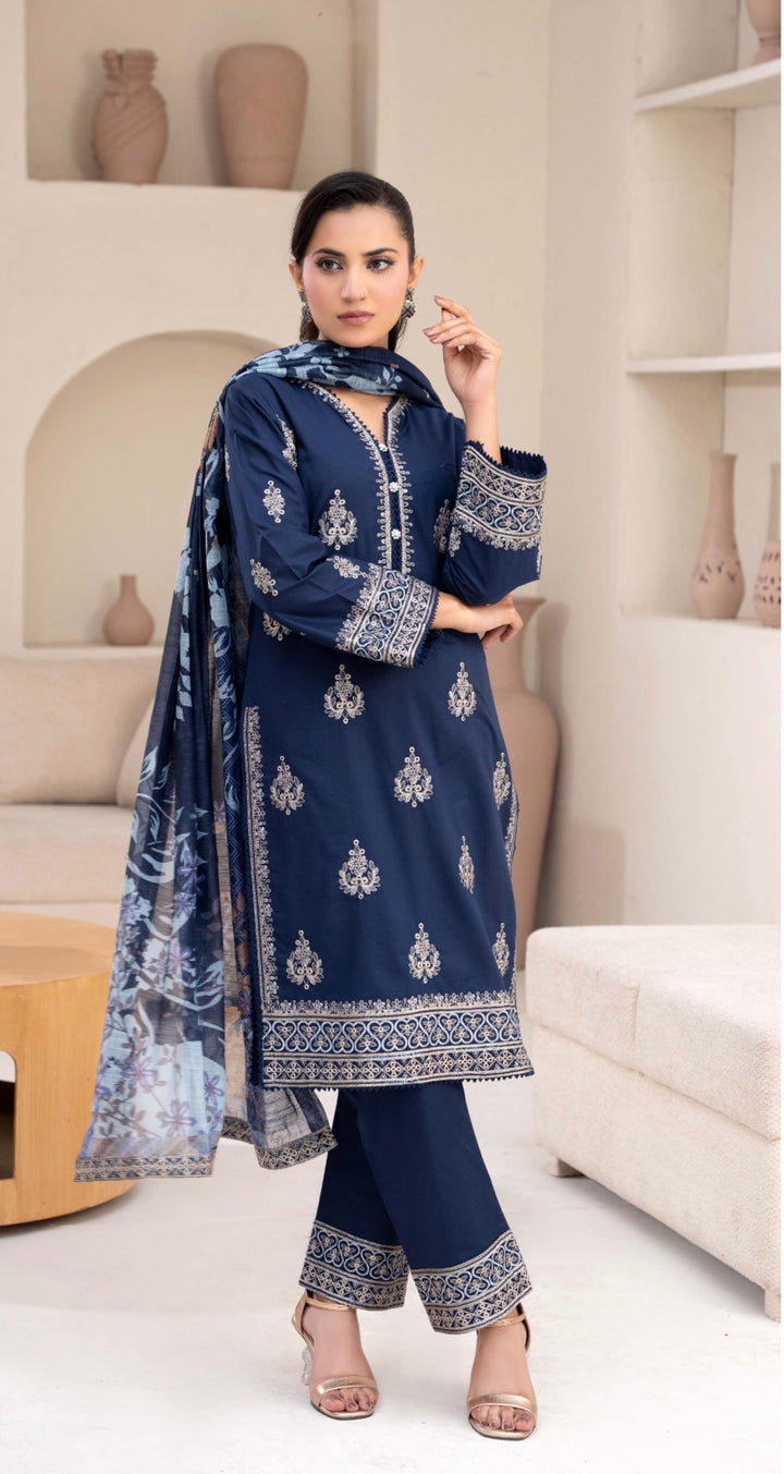 CZ01 - Blue Embroidered Linen 3 Piece suit