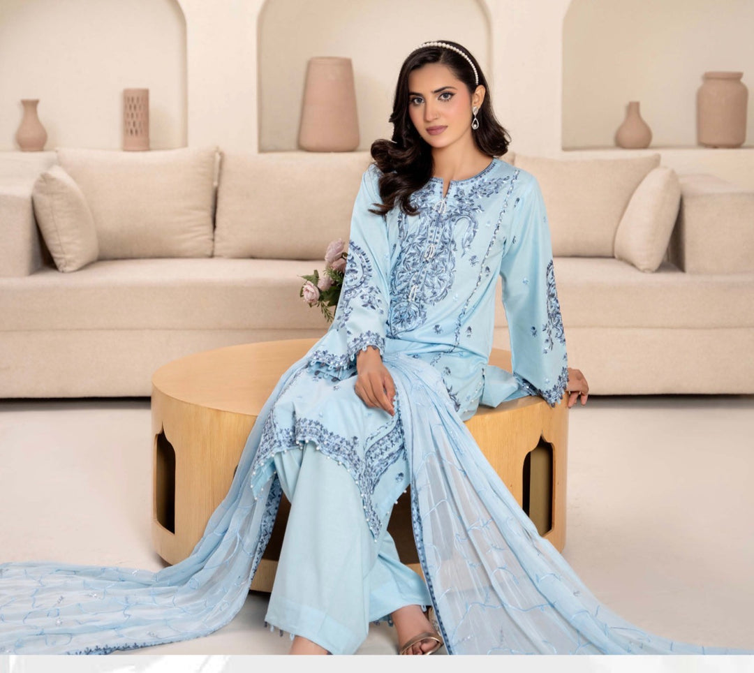 CZ02 - Light Blue Embroidered Linen 3 Piece suit