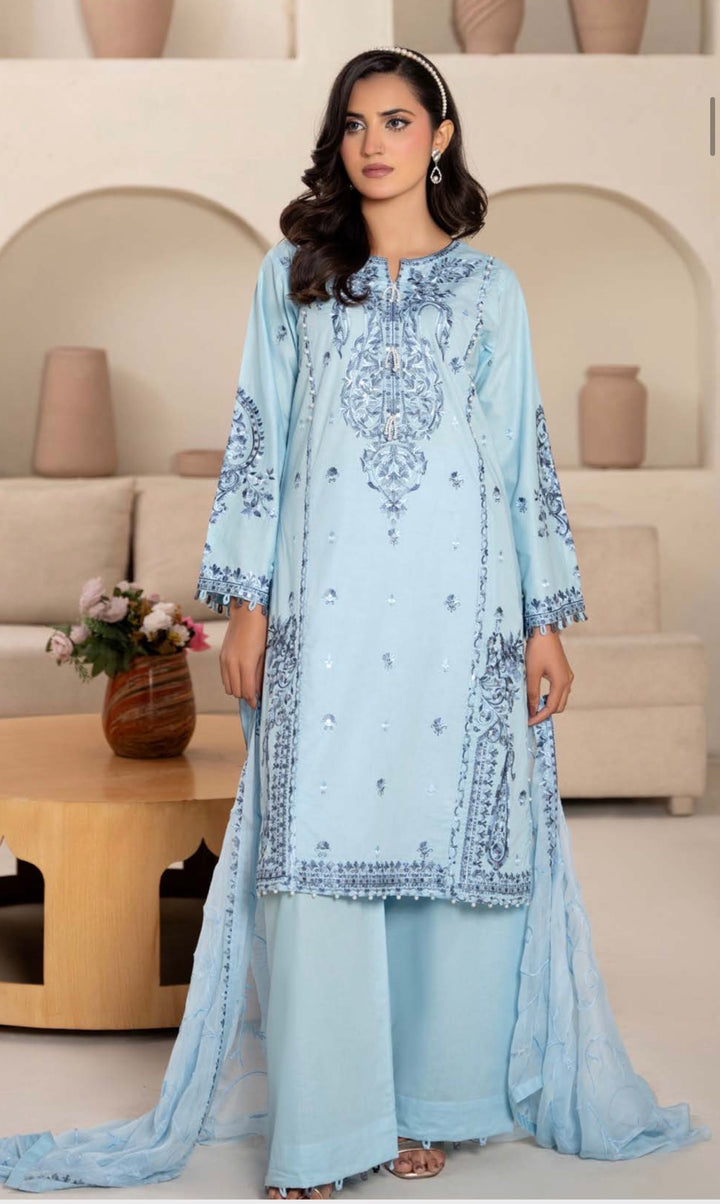 CZ02 - Light Blue Embroidered Linen 3 Piece suit
