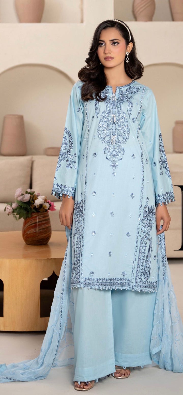 CZ02 - Light Blue Embroidered Linen 3 Piece suit