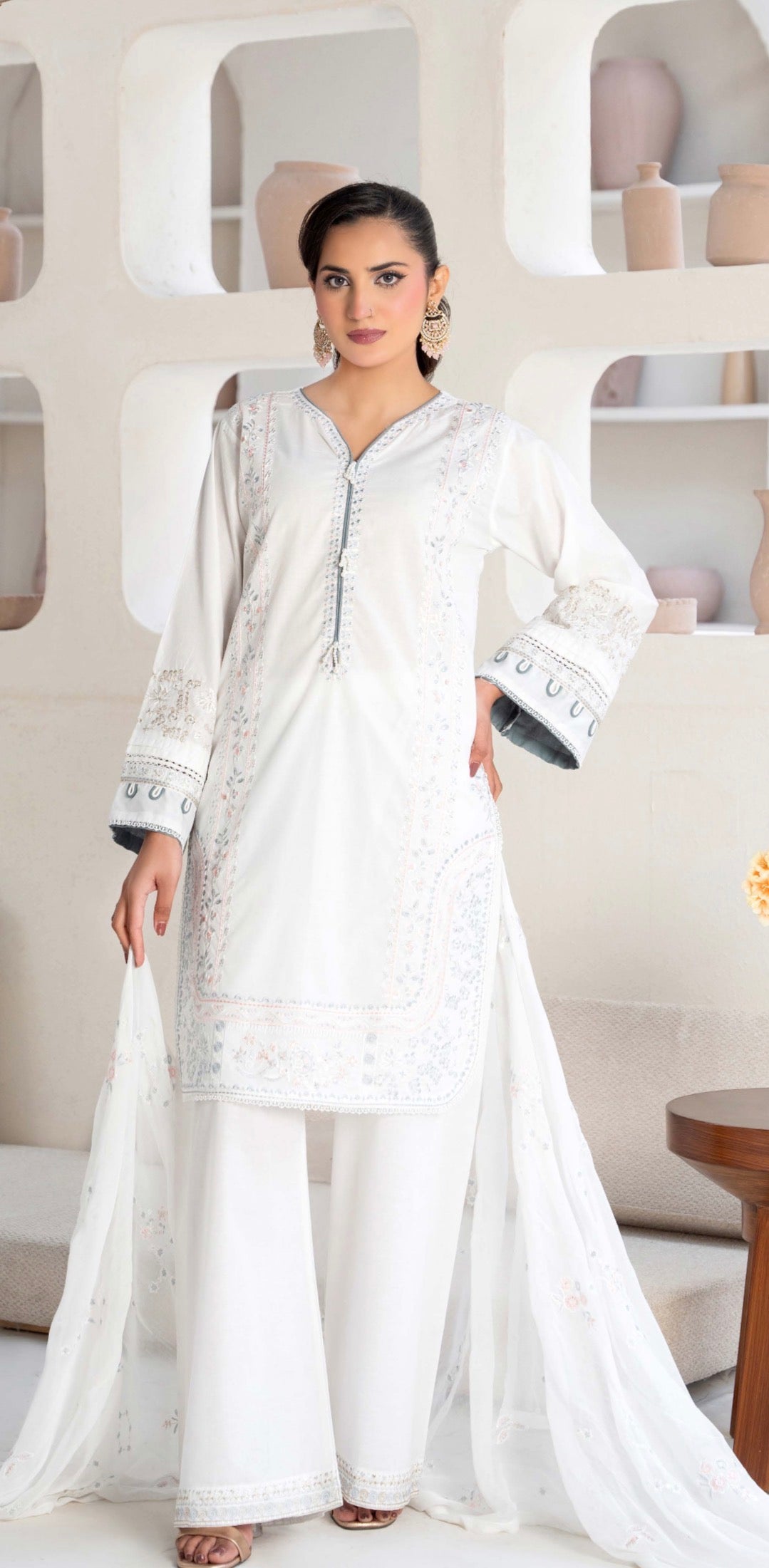 CZ04 - White Embroidered Linen 3 Piece suit