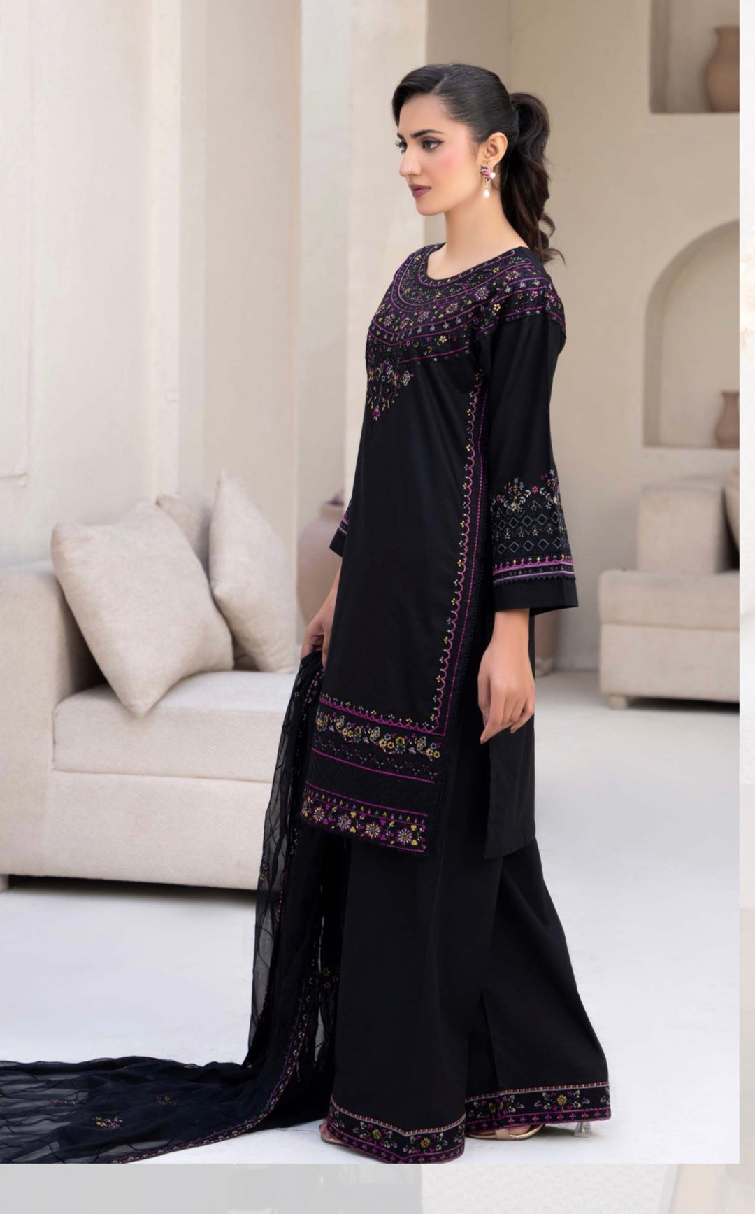 CZ05 - Black Embroidered Linen 3 Piece suit