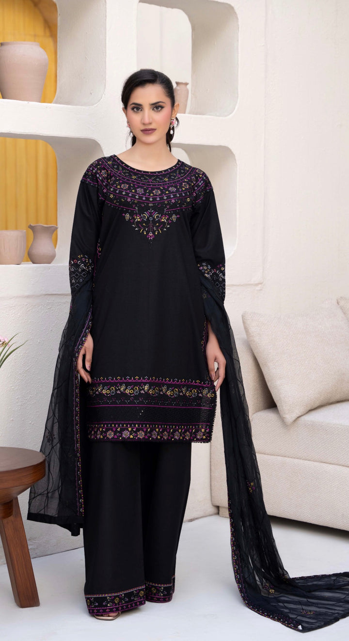 CZ05 - Black Embroidered Linen 3 Piece suit