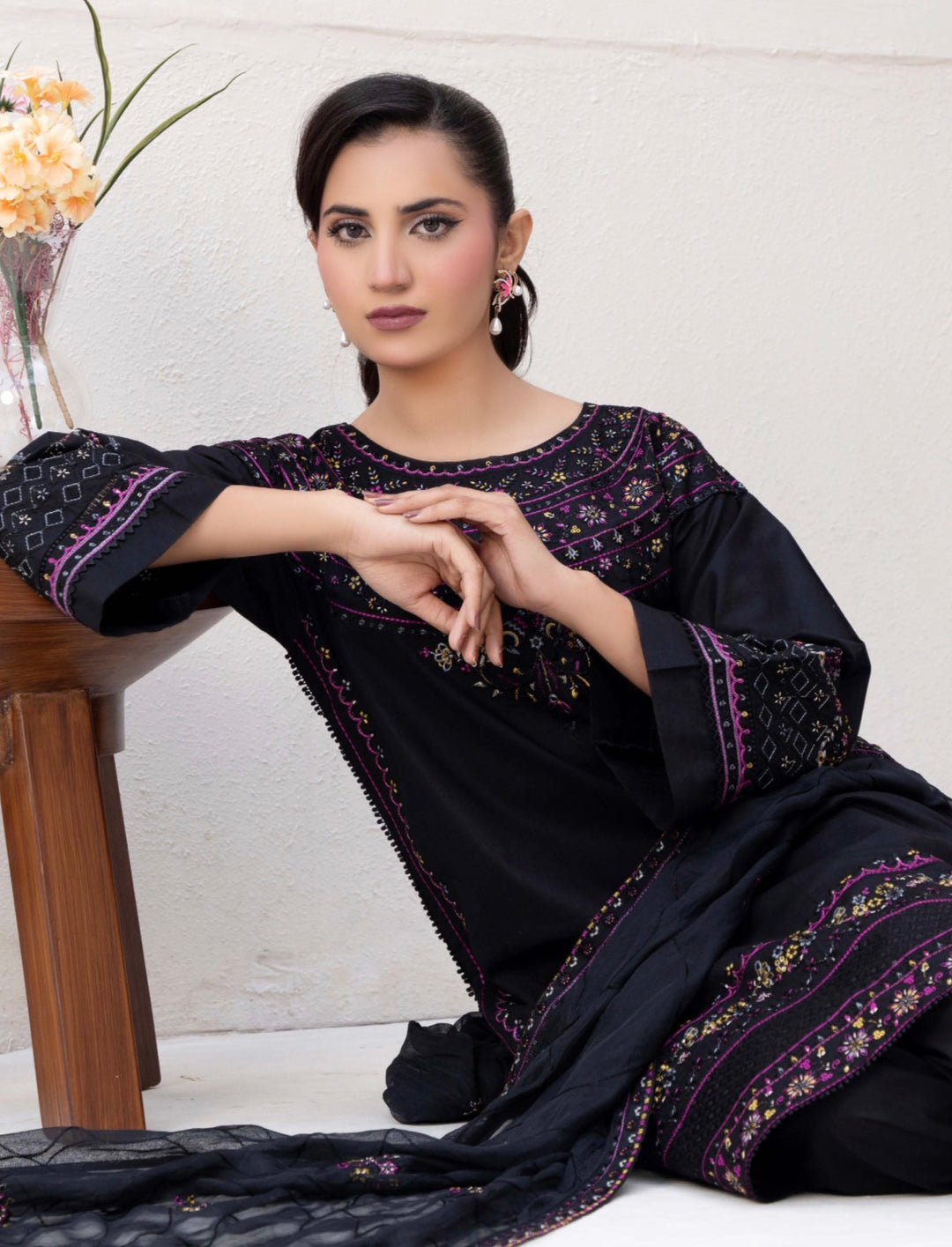 CZ05 - Black Embroidered Linen 3 Piece suit