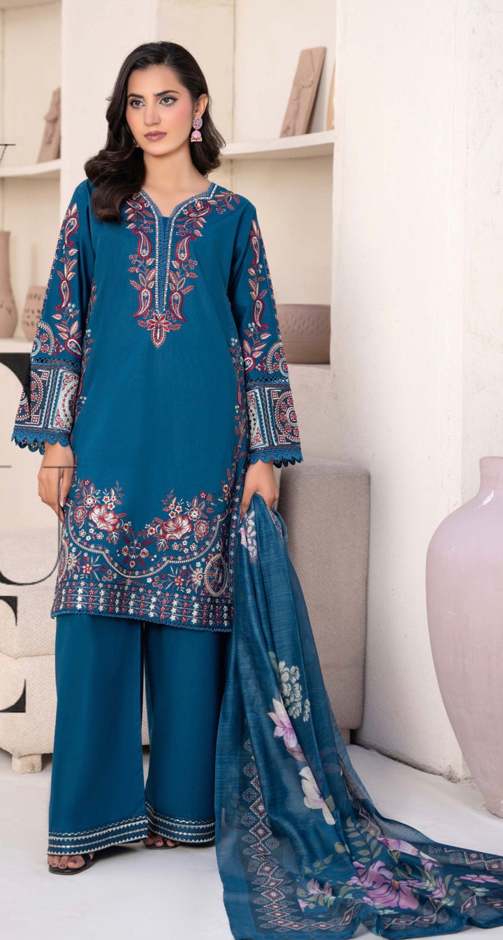 CZ08 - Teal Ferozi Embroidered Linen 3 Piece suit