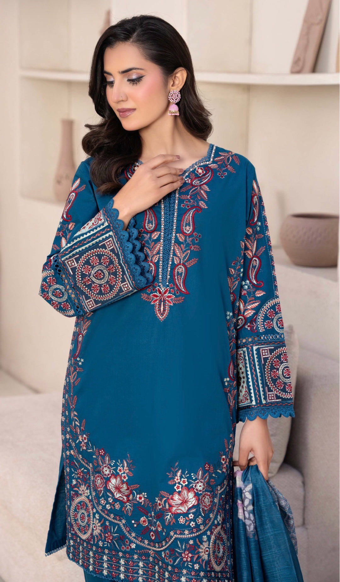CZ08 - Teal Ferozi Embroidered Linen 3 Piece suit