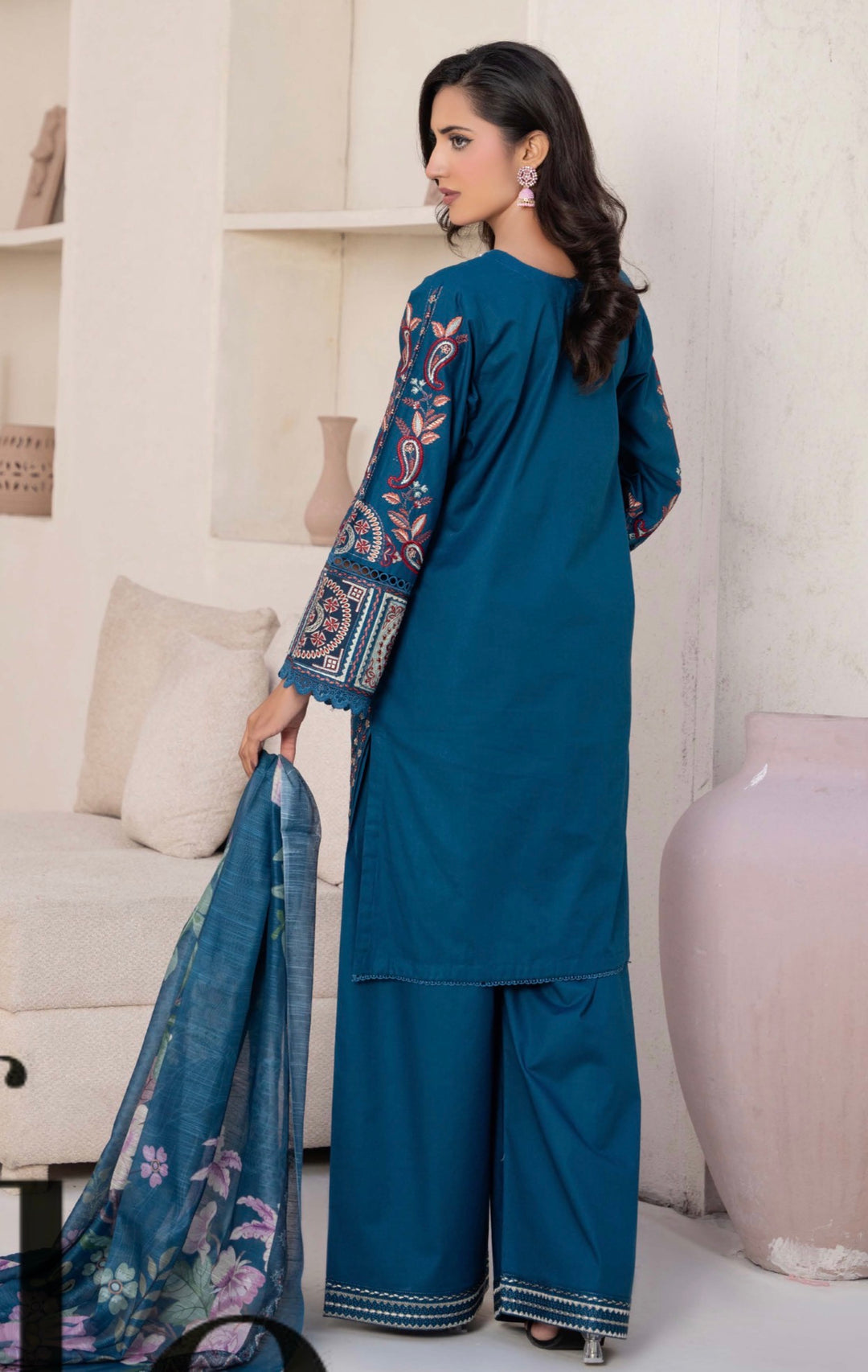 CZ08 - Teal Ferozi Embroidered Linen 3 Piece suit