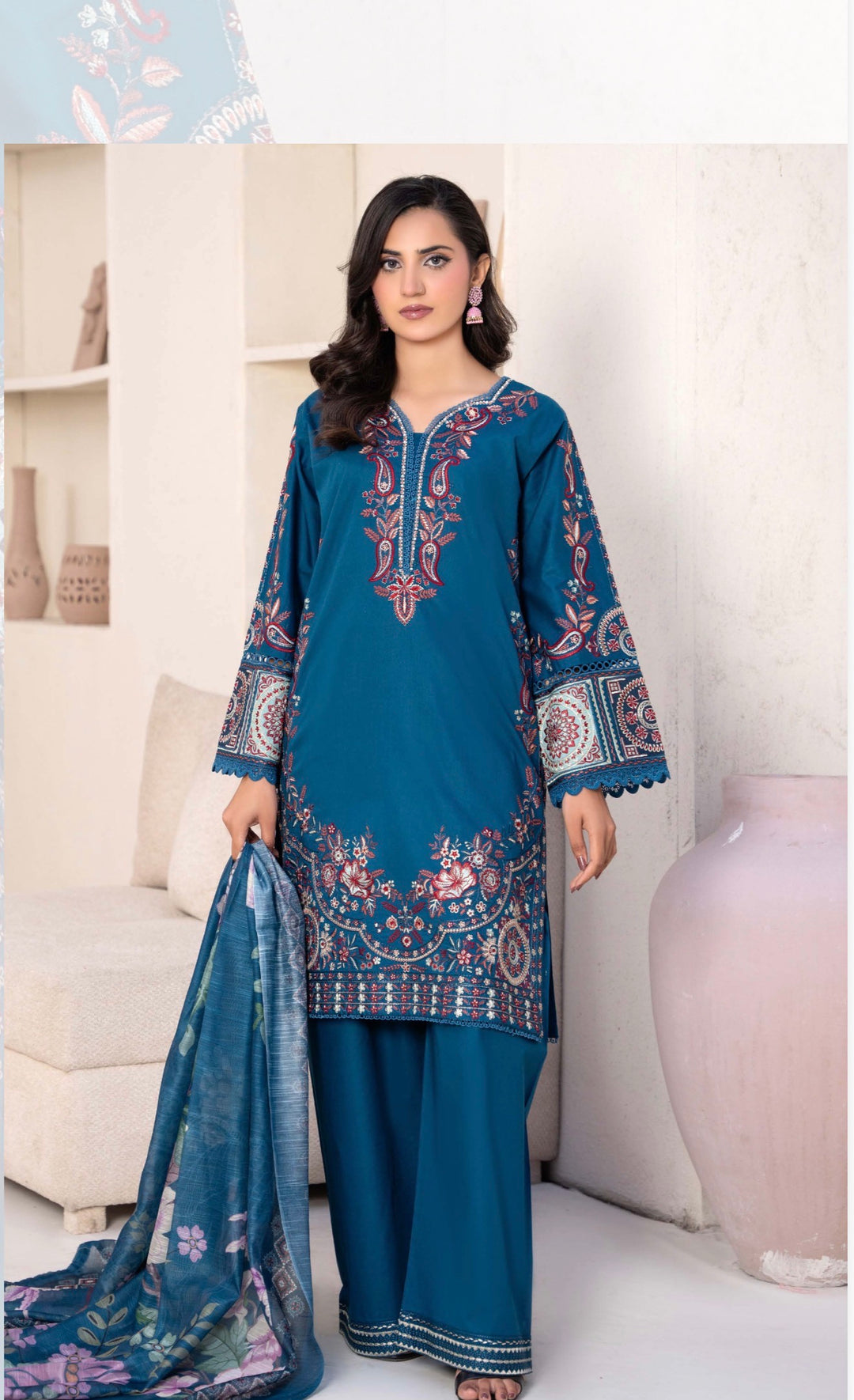 CZ08 - Teal Ferozi Embroidered Linen 3 Piece suit