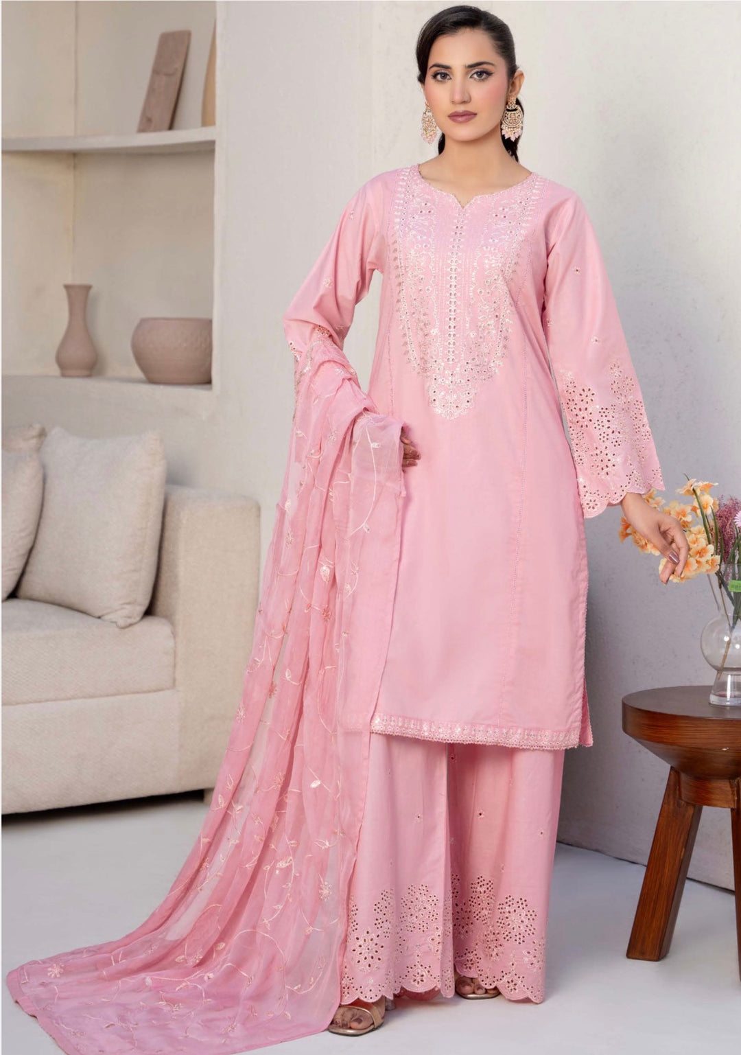CZ09 - Pink Embroidered Linen 3 Piece suit