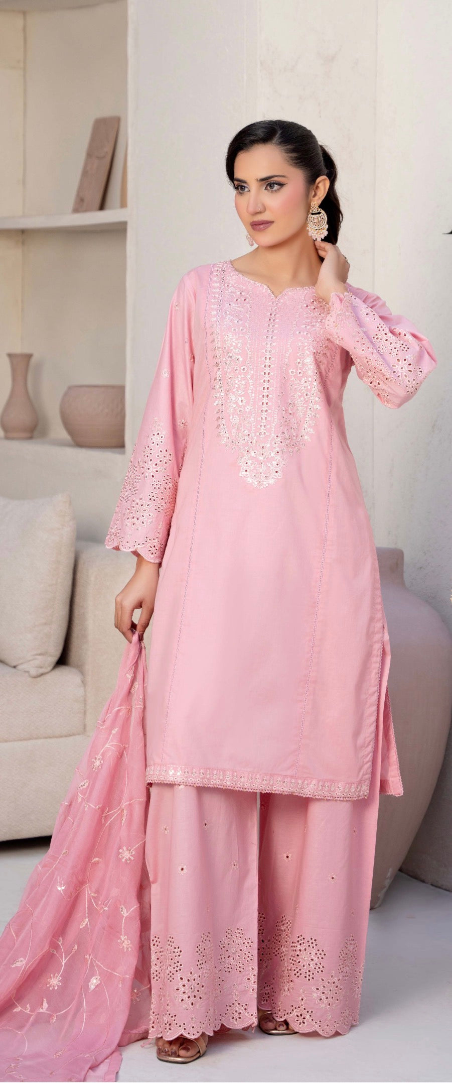 CZ09 - Pink Embroidered Linen 3 Piece suit