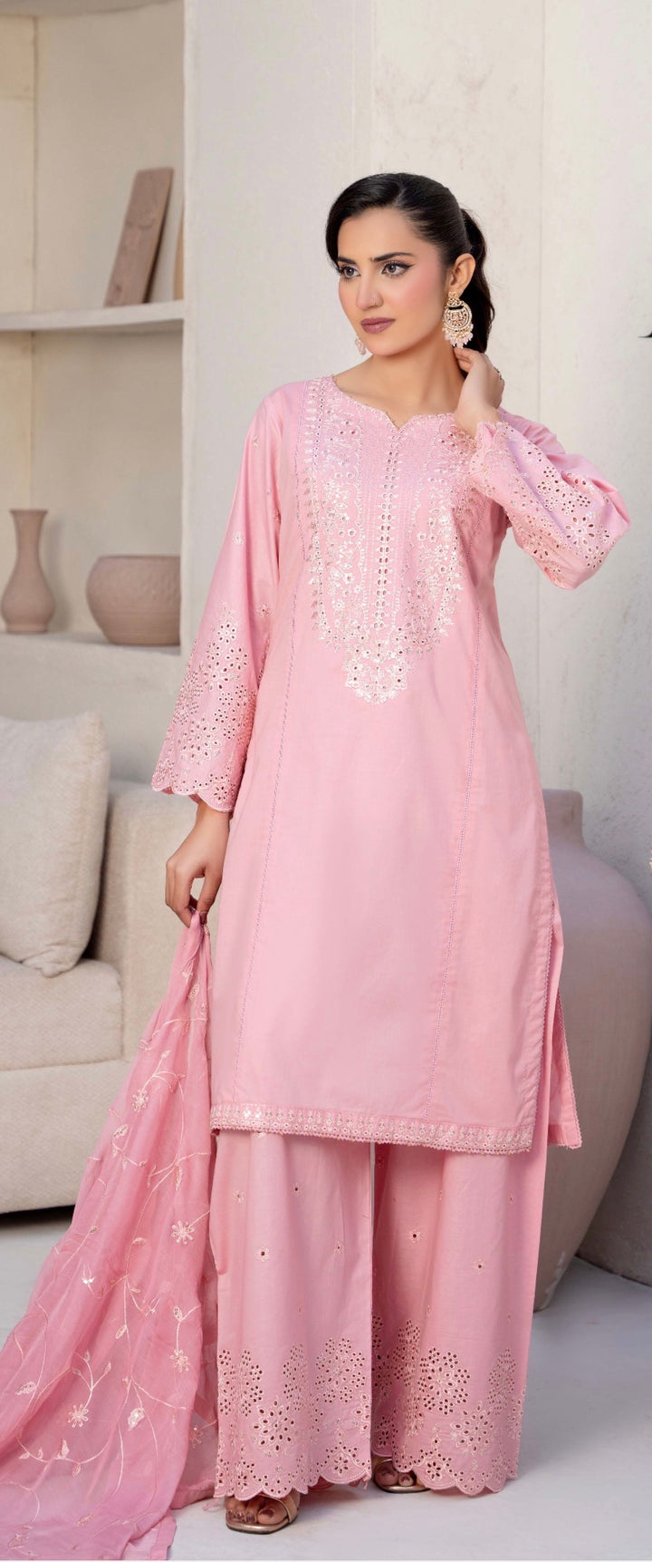CZ09 - Pink Embroidered Linen 3 Piece suit