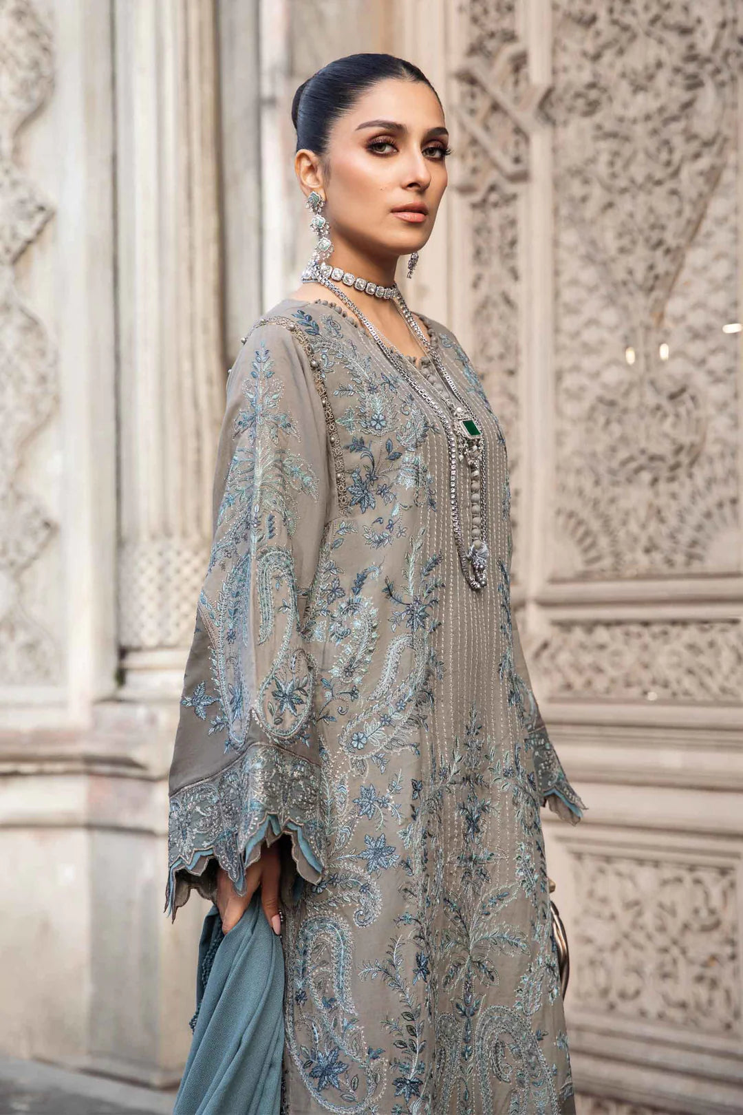 maria b grey dress Maria's muse Ayeza Khan in a celebration of feminine embroideries accentuated on a classic mute grey saree for a timeless appeal with our unstitched Mbroidered Heritage Edition coming soon! @ayezakhan.ak Jewelry: Maria.B