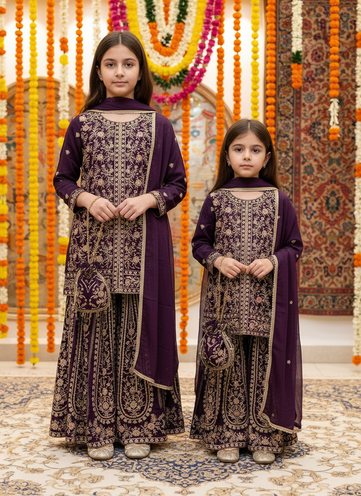 K323a - GIRLS EMBROIDERED SHARARA DRESS
