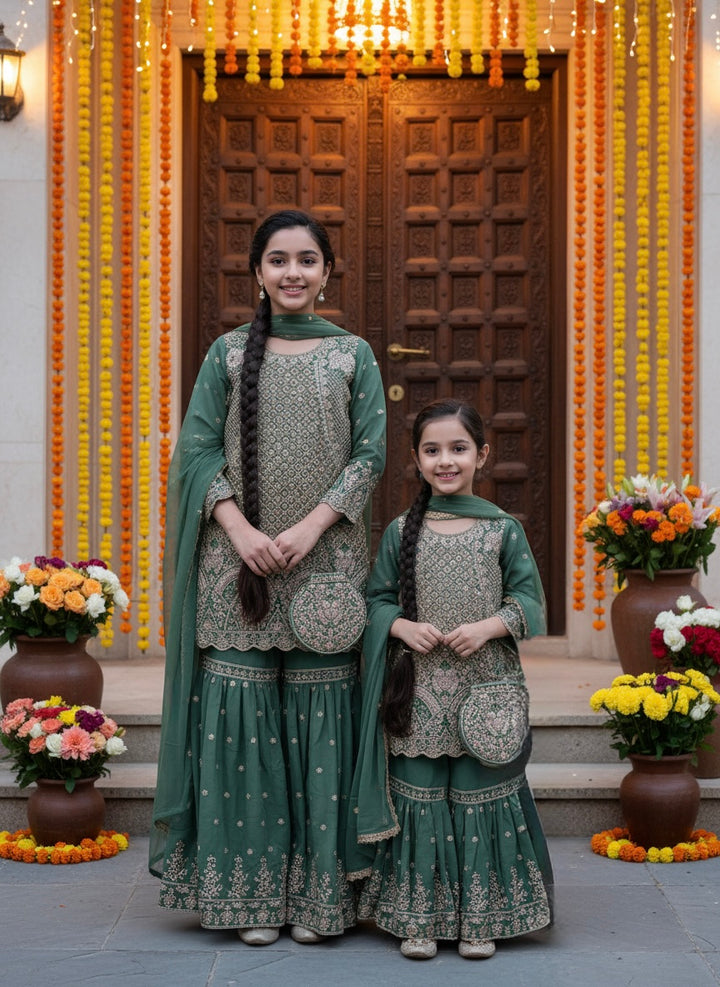 K321b - GIRLS EMBROIDERED SHARARA DRESS