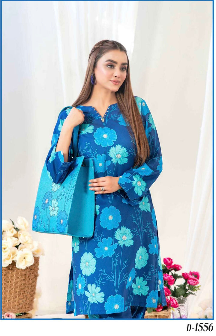 D1556 - TAWAKKAL PRET GLO SWISS COTTON 2PC SET WITH HANDBAG