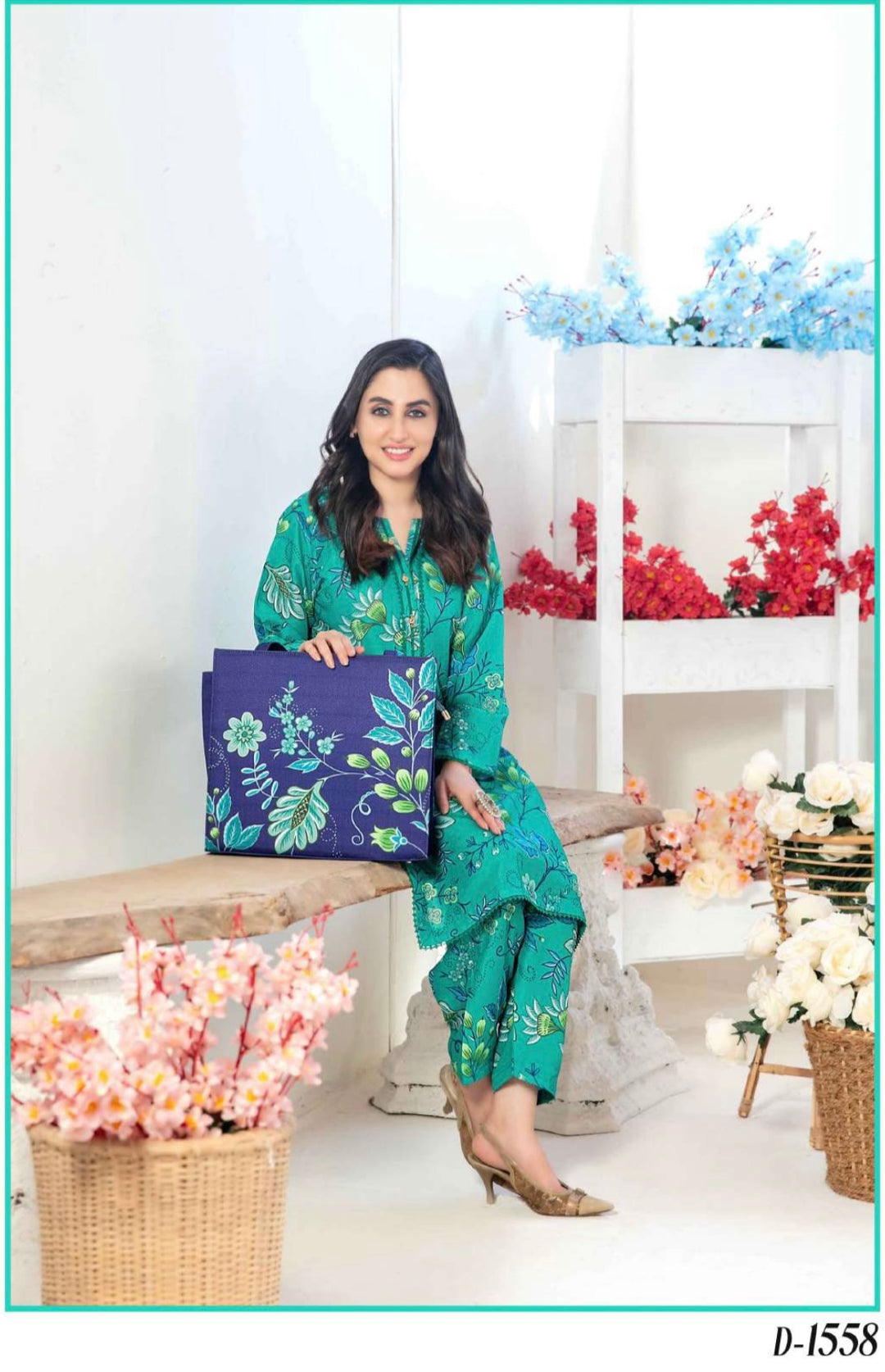 D1558 - TAWAKKAL PRET GLO SWISS COTTON 2PC SET WITH HANDBAG