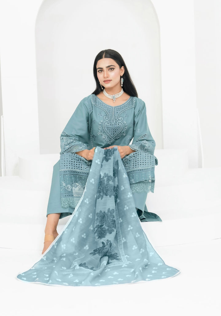1170A - Light Teal Embroidered Linen 3 Piece suit