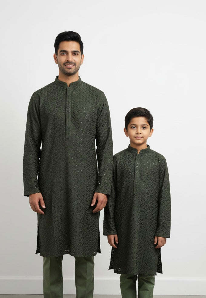 CK710 - Dark Green Cotton Chikankari Set for Boys and MEN