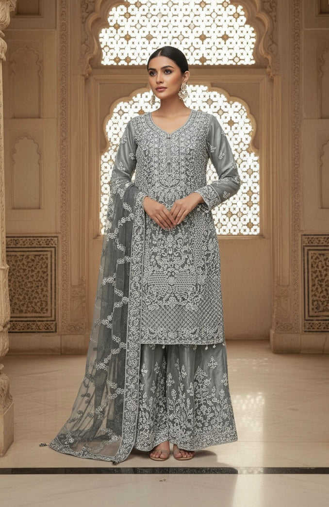 181A - GREY EMBROIDERED & EMBELLISHED NET SUIT