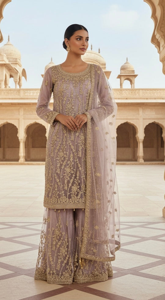 168B - LILAC EMBROIDERED & EMBELLISHED NET SUIT