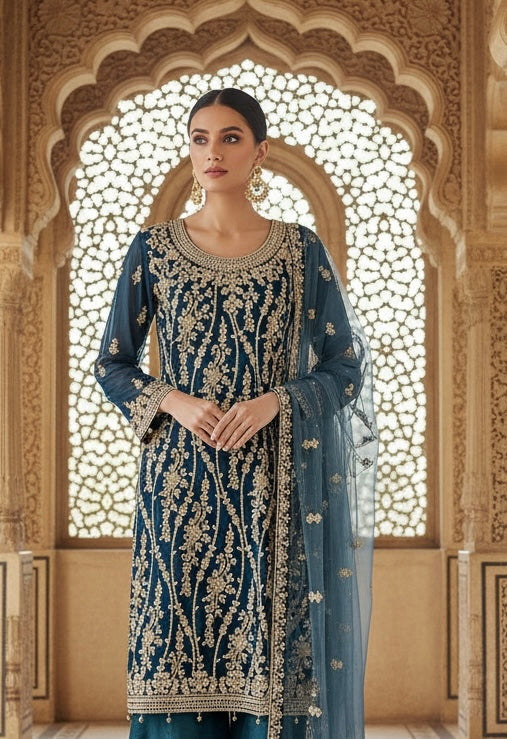 168D - TEAL EMBROIDERED & EMBELLISHED NET SUIT