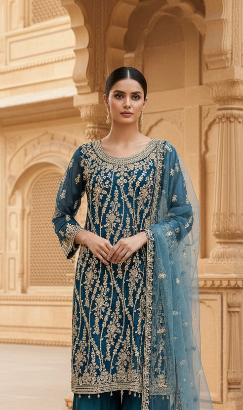 168D - TEAL EMBROIDERED & EMBELLISHED NET SUIT