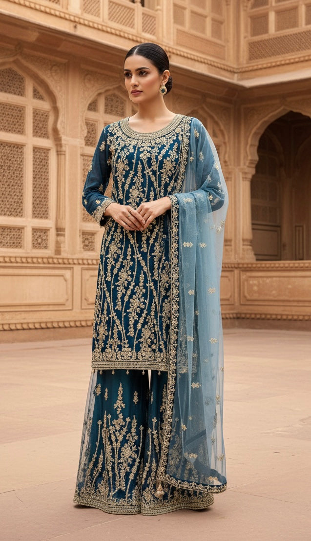 168D - TEAL EMBROIDERED & EMBELLISHED NET SUIT