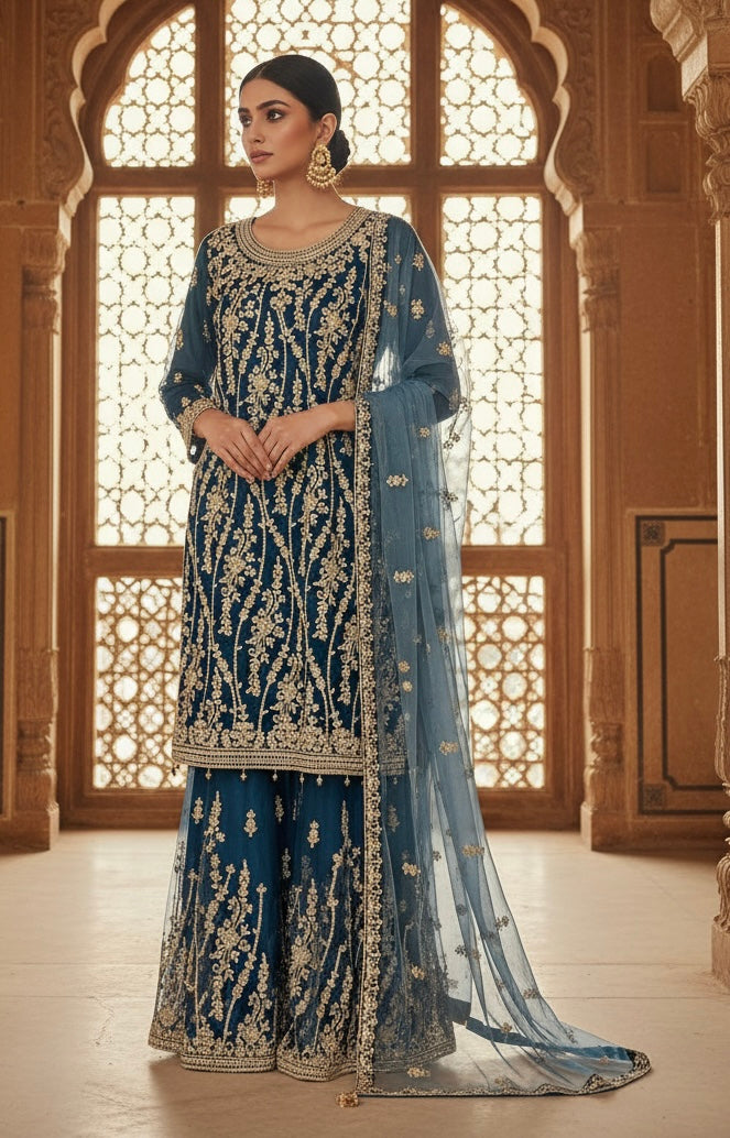 168D - TEAL EMBROIDERED & EMBELLISHED NET SUIT