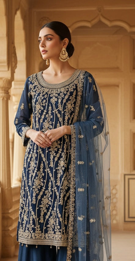 168C - BLUE EMBROIDERED & EMBELLISHED NET SUIT