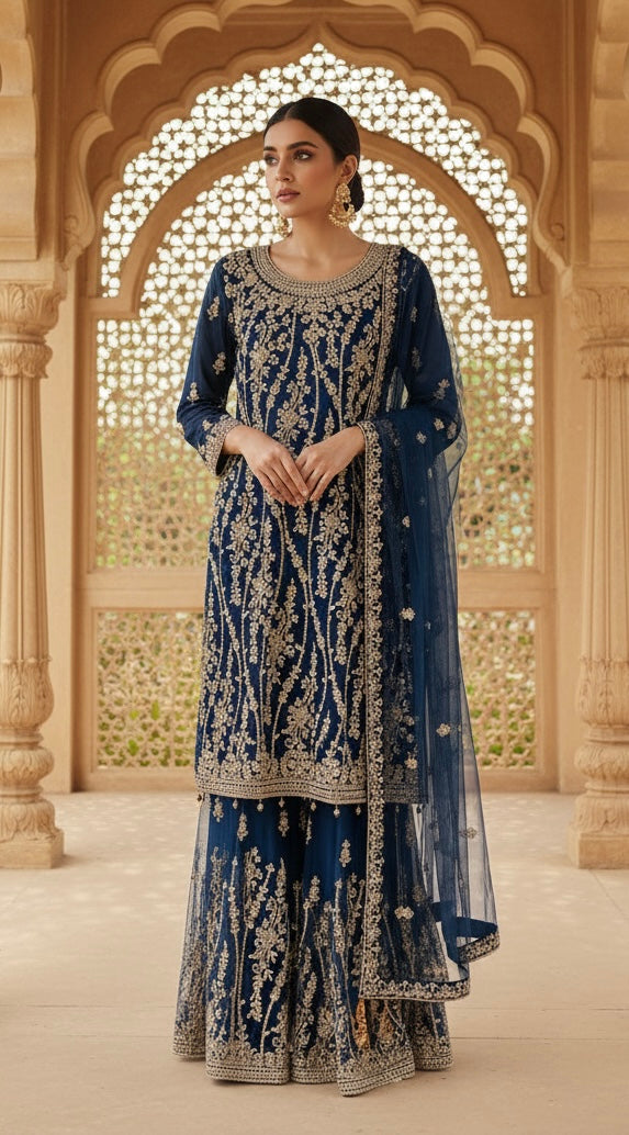 168C - BLUE EMBROIDERED & EMBELLISHED NET SUIT
