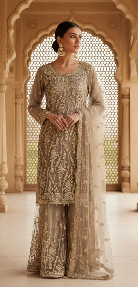 168E - BEIGE GOLD EMBROIDERED & EMBELLISHED NET SUIT