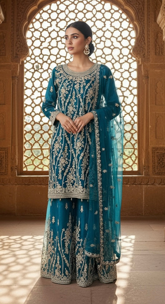 168F - TURQUOISE EMBROIDERED & EMBELLISHED NET SUIT