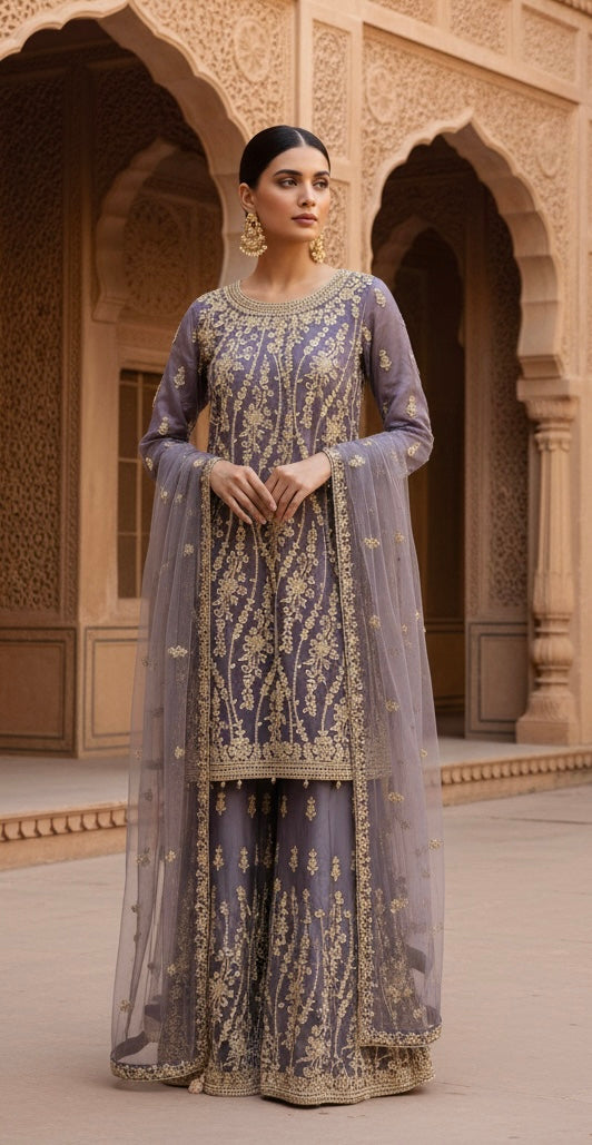 168G - PURPLE EMBROIDERED & EMBELLISHED NET SUIT