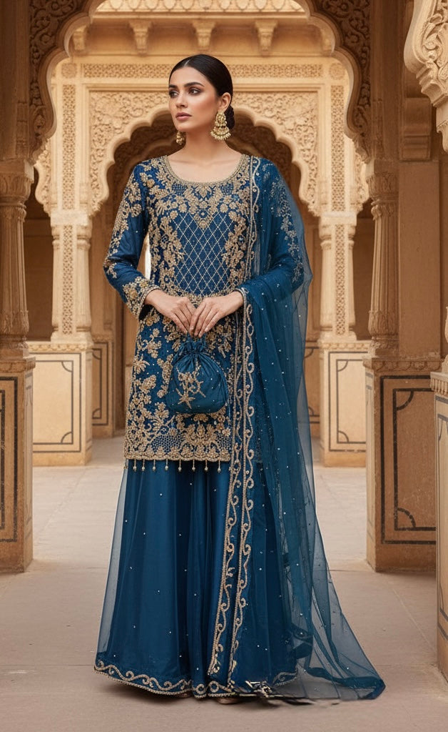 198E - DARK BLUE EMBROIDERED & EMBELLISHED NET SUIT