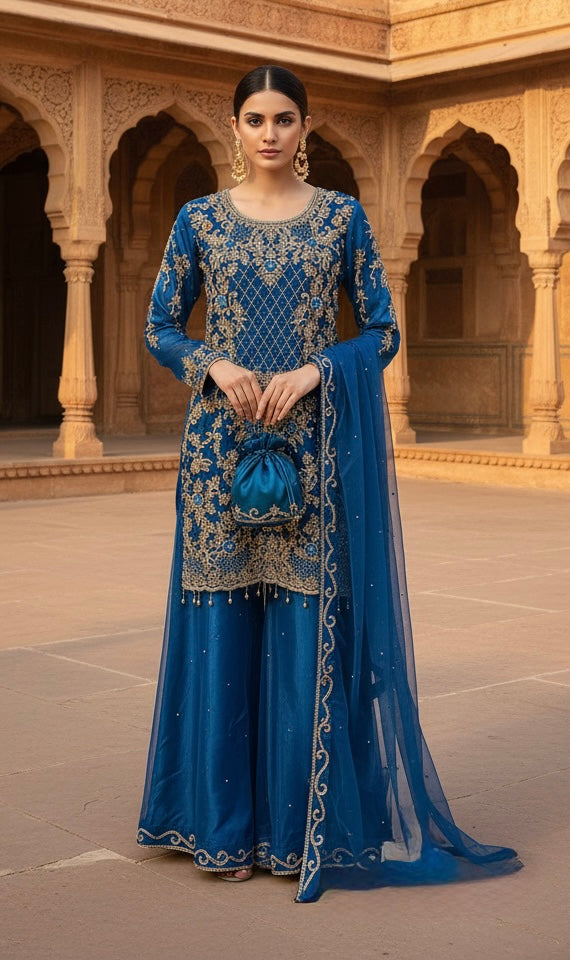 198D - TEAL BLUE EMBROIDERED & EMBELLISHED NET SUIT