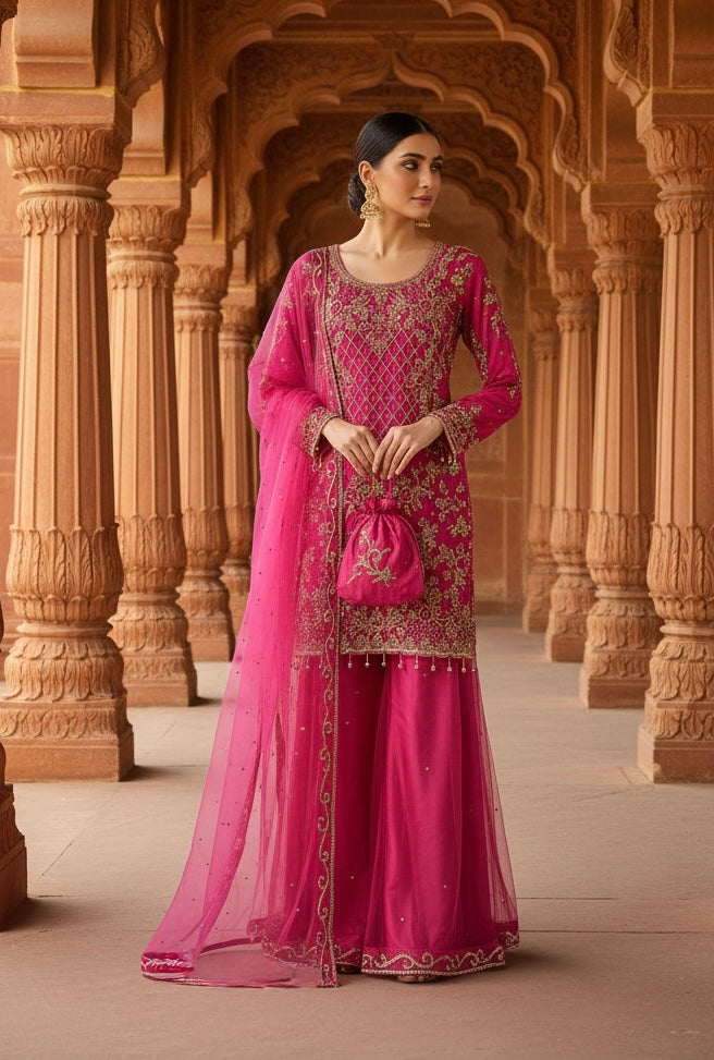 198C - PINK EMBROIDERED & EMBELLISHED NET SUIT