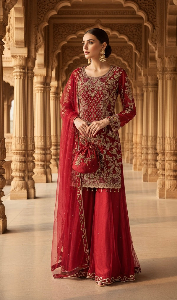 198B - RED EMBROIDERED & EMBELLISHED NET SUIT