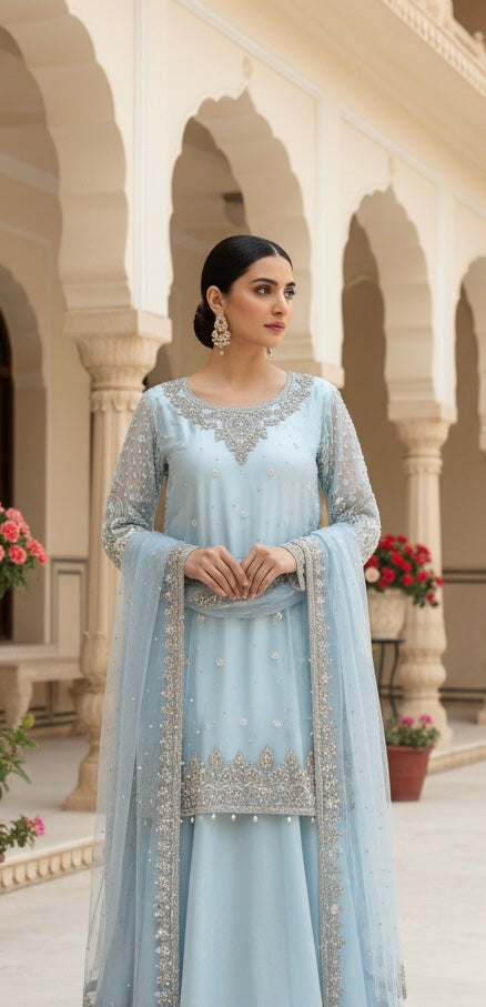 248A - LIGHT BLUE  EMBROIDERED LENGHA DRESS